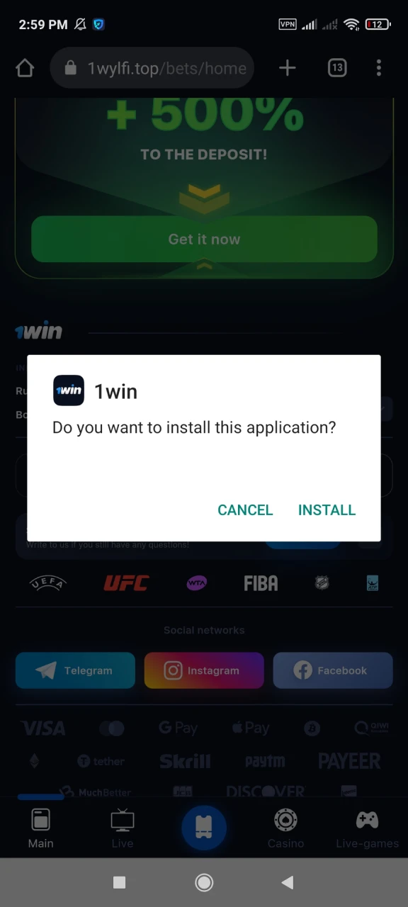 Initiate the installation of the 1win application for Android.